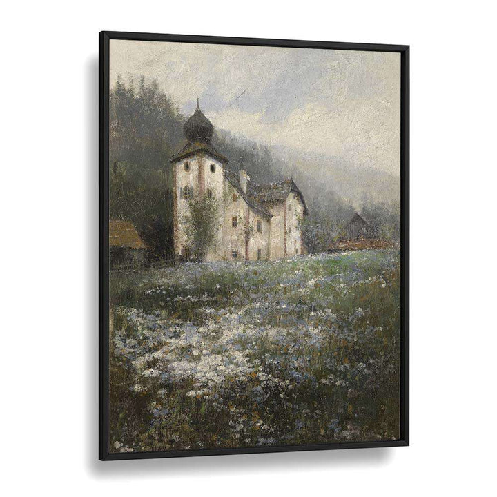 Serene landscape featuring the "Church on the Hill" vintage paintings in a black frame, by artist Paul Unbereit.