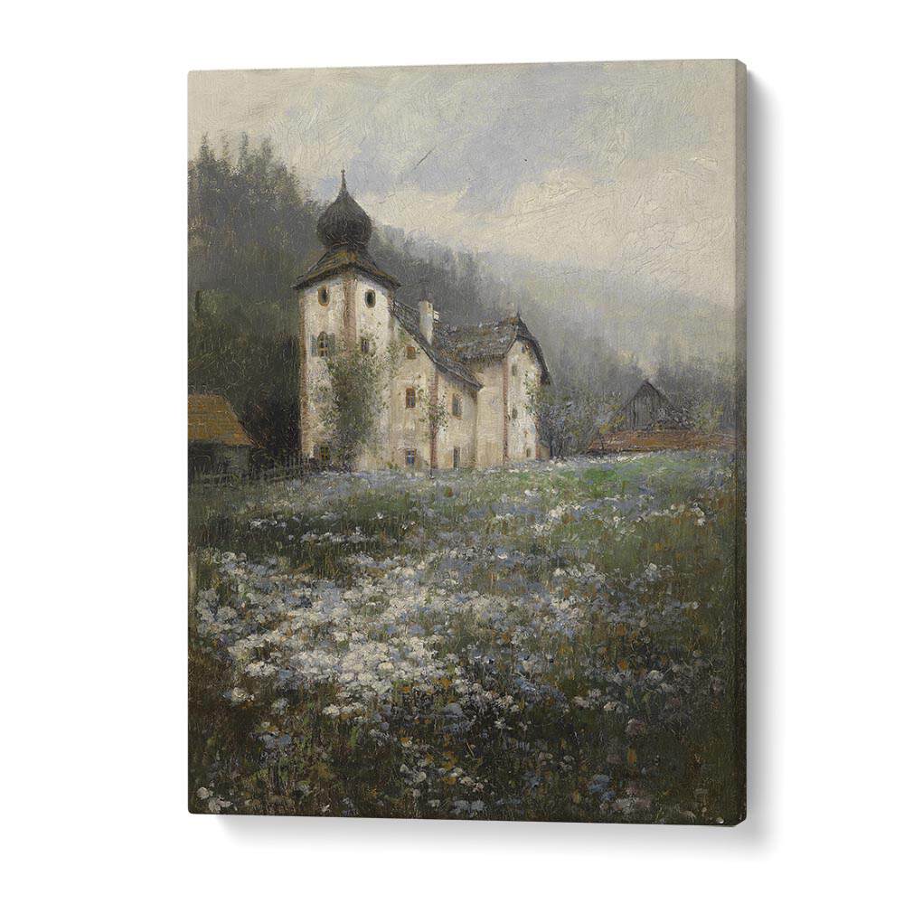Serene "Church on the Hill" vintage paintings by Paul Unbereit, showcasing a tranquil landscape filled with flowers.