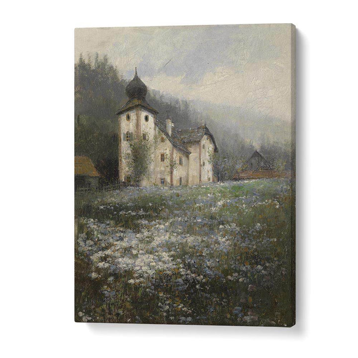 Serene "Church on the Hill" vintage paintings by Paul Unbereit, showcasing a tranquil landscape filled with flowers.