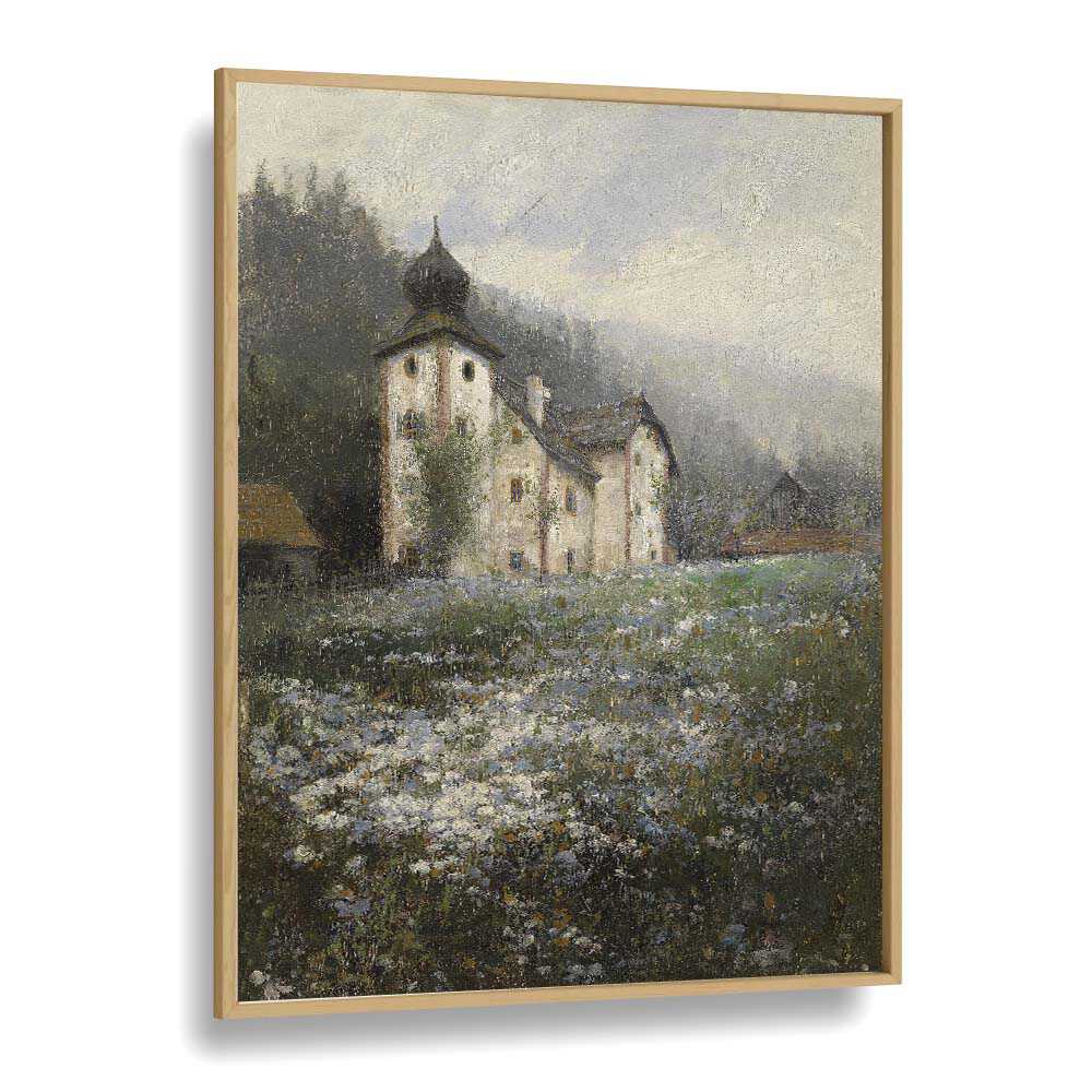 Serene "Church on the Hill" vintage paintings in a plain oak wood frame, capturing tranquil landscapes beautifully.
