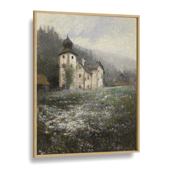 Serene "Church on the Hill" vintage paintings in a plain oak wood frame, capturing tranquil landscapes beautifully.