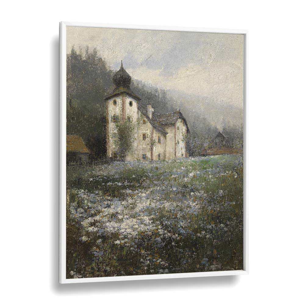 Serene "Church on the Hill Vintage Paintings" showcasing tranquil landscapes by Paul Unbereit in a stylish white frame.