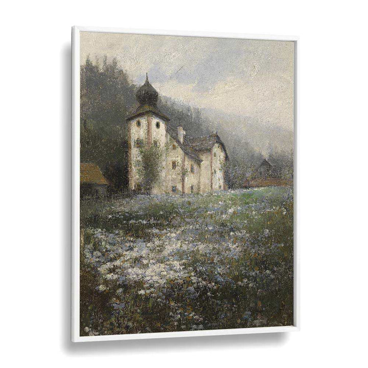 Serene "Church on the Hill Vintage Paintings" showcasing tranquil landscapes by Paul Unbereit in a stylish white frame.