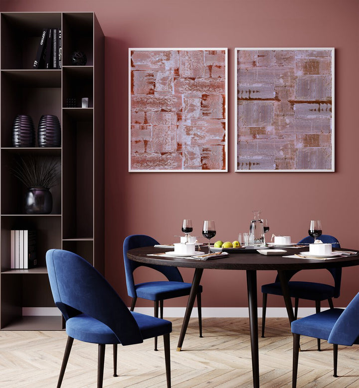 Elevate your decor with the CINNABAR SOFT LINES SET, SET OF 2 PAINTINGS featuring warm abstract designs.