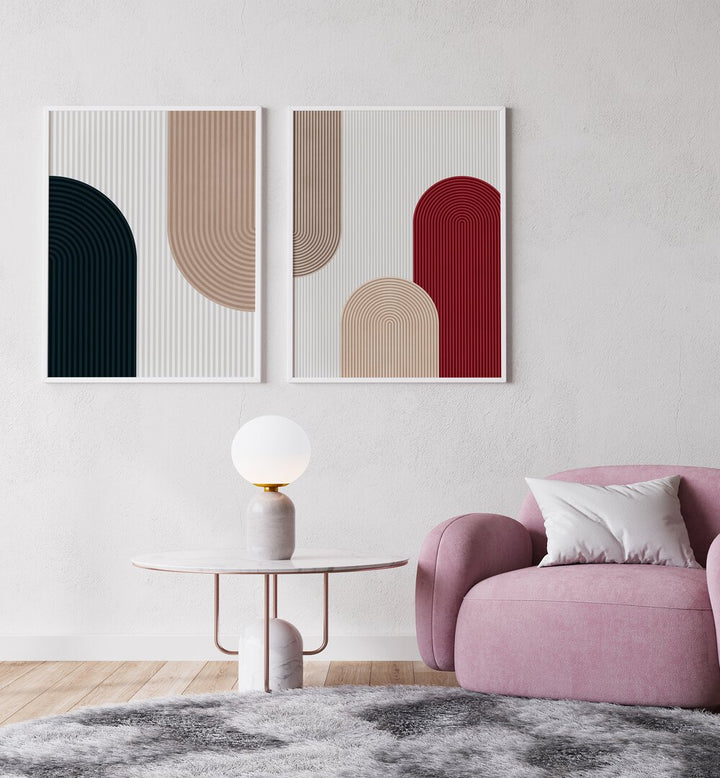 Stylish CIRCLE COMPOSITIONS SET, SET OF 2 PAINTINGS enhancing modern decor in a chic living space.