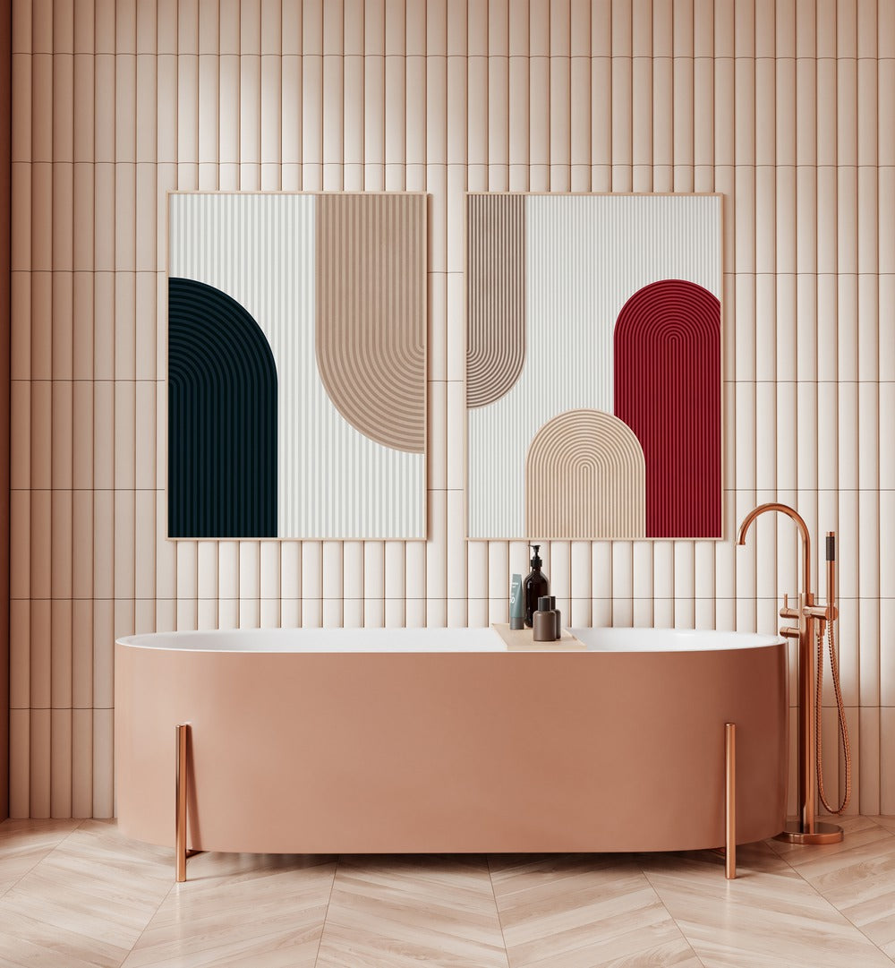 Stylish CIRCLE COMPOSITIONS SET, SET OF 2 PAINTINGS, enhancing modern decor in a chic bathroom setting.