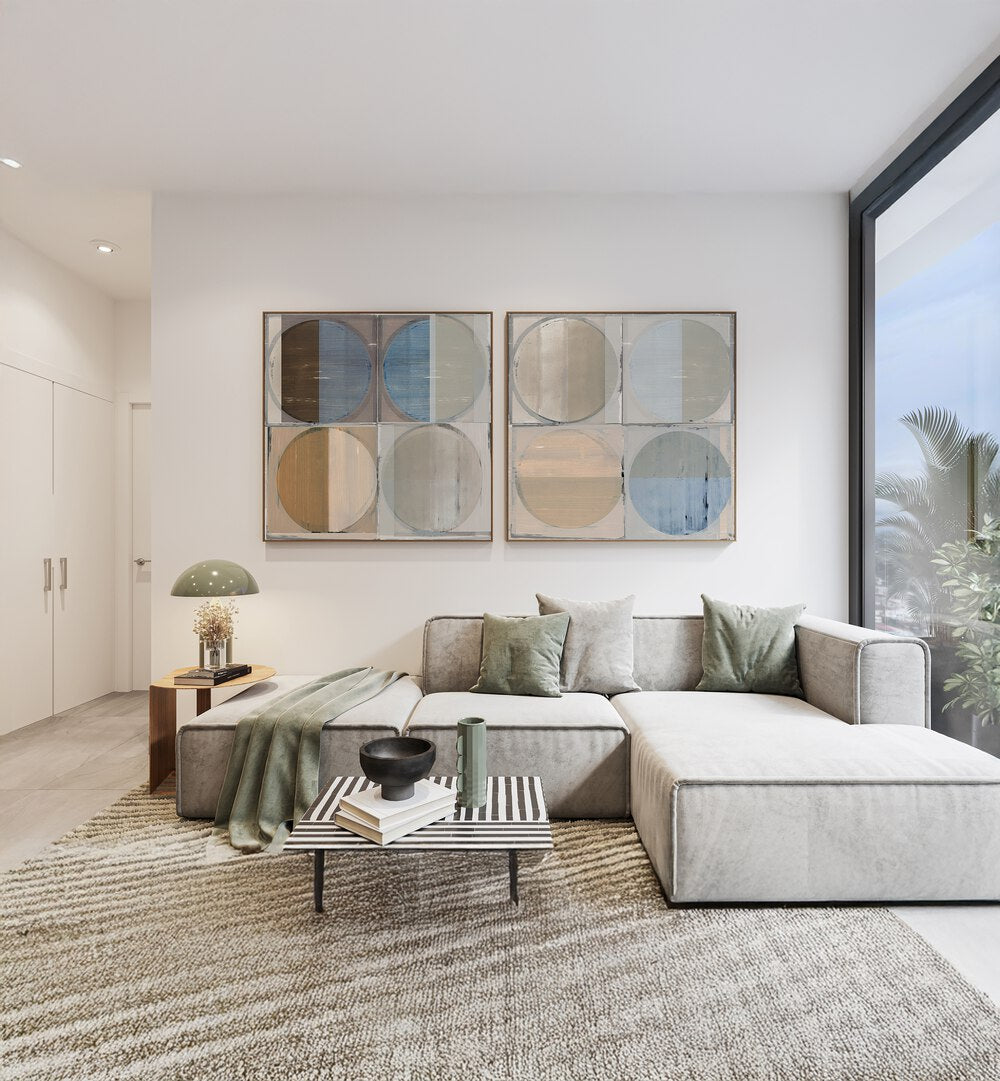 Elevate your decor with the CIRCLES AND SQUARES IN MOTION SET, SET OF 2 PAINTINGS featuring vibrant geometric art.