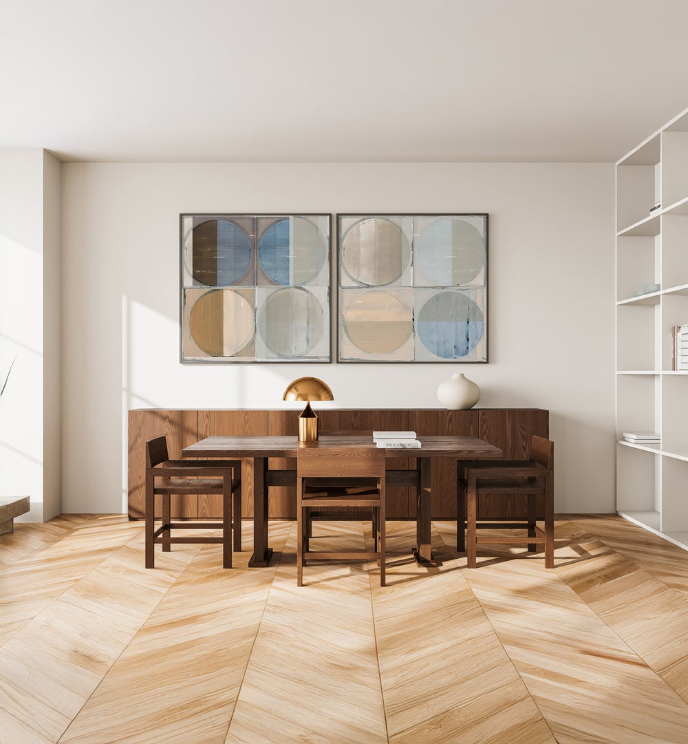 Enhance your space with CIRCLES AND SQUARES IN MOTION SET, SET OF 2 PAINTINGS featuring vibrant geometric designs.