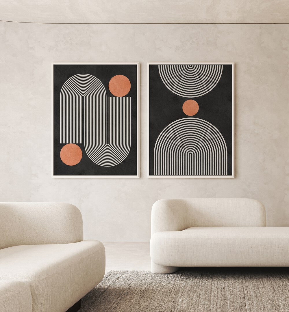 Transform your space with the CIRCLES ON BLACK SET, SET OF 2 PAINTINGS featuring modern circular designs.
