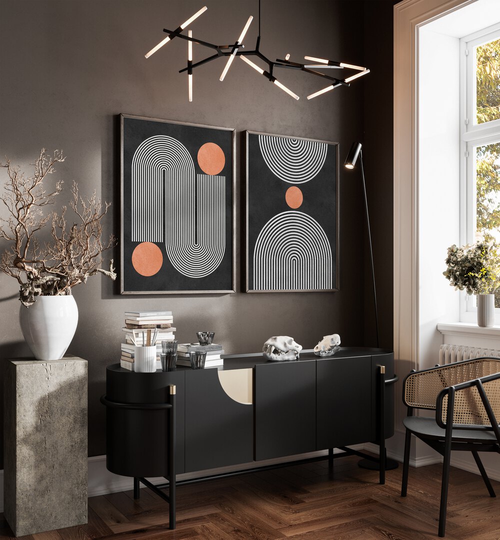 Modern decor featuring CIRCLES ON BLACK SET, SET OF 2 PAINTINGS, enhancing any living space with elegant design.