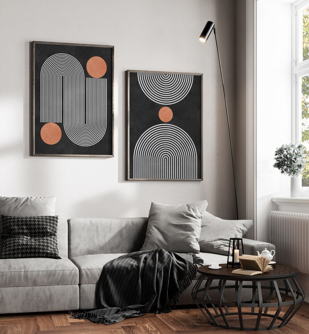 Stylish CIRCLES ON BLACK SET, SET OF 2 PAINTINGS, enhancing modern decor with captivating circular designs.