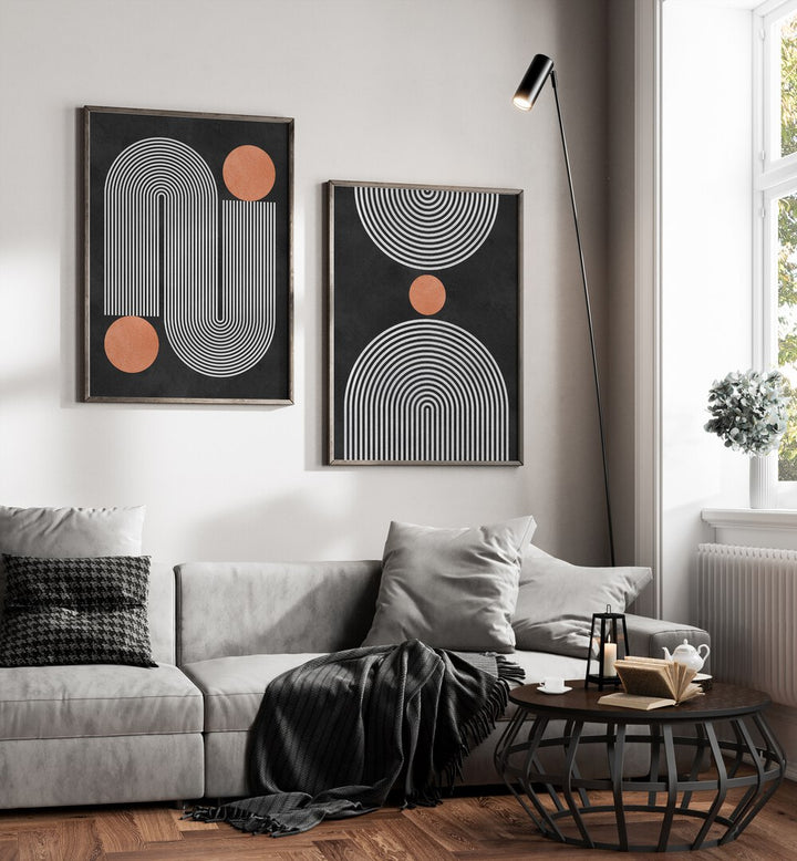 Stylish CIRCLES ON BLACK SET, SET OF 2 PAINTINGS, enhancing modern decor with captivating circular designs.