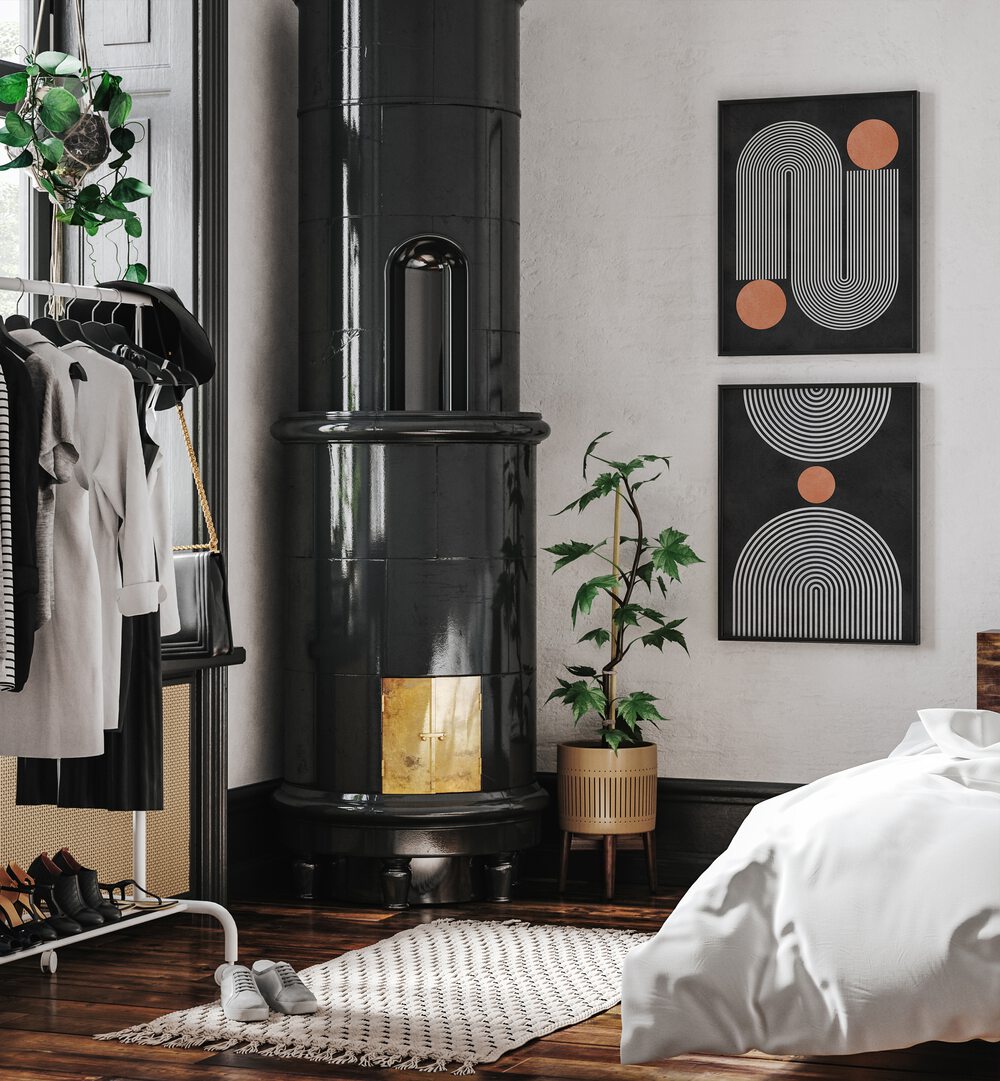 Stylish CIRCLES ON BLACK SET, SET OF 2 PAINTINGS enhancing a modern living space with elegant circular designs.