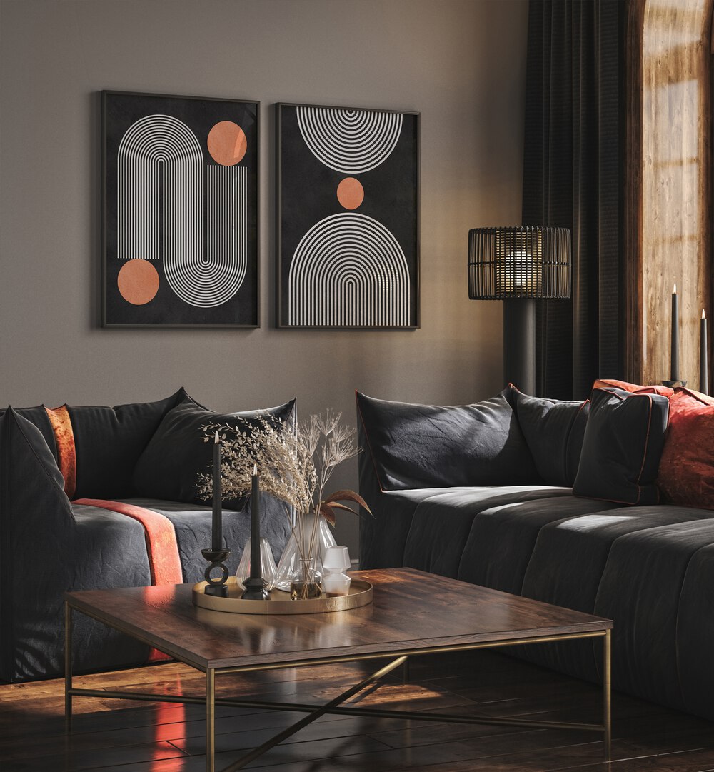 Stylish living room featuring CIRCLES ON BLACK SET, SET OF 2 PAINTINGS, enhancing modern decor with circular designs.