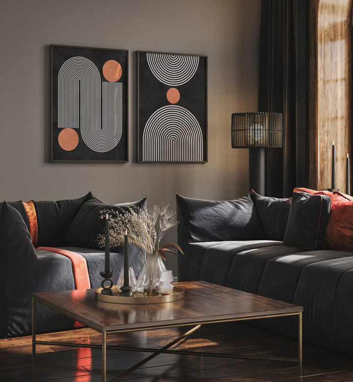 Stylish living room featuring CIRCLES ON BLACK SET, SET OF 2 PAINTINGS, enhancing modern decor with circular designs.