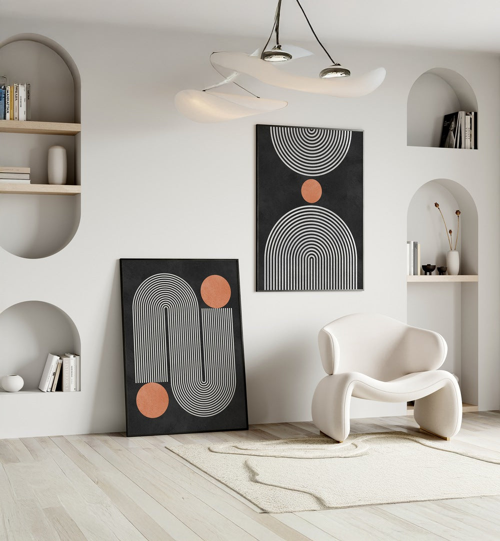 Elevate your decor with the CIRCLES ON BLACK SET, SET OF 2 PAINTINGS, showcasing modern patterns on a black backdrop.