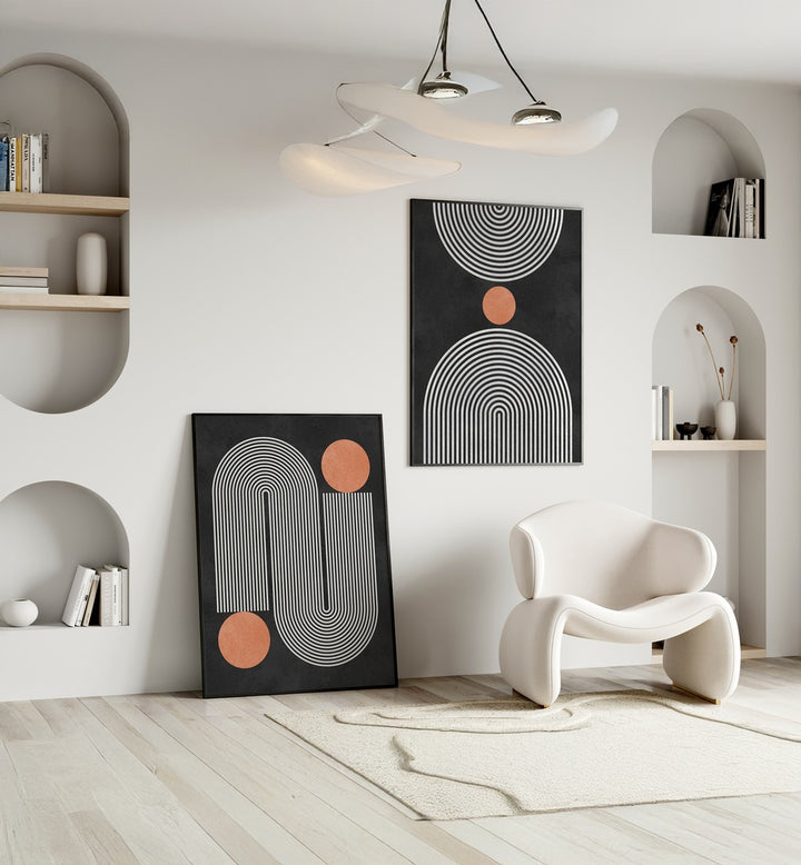 Elevate your decor with the CIRCLES ON BLACK SET, SET OF 2 PAINTINGS, showcasing modern patterns on a black backdrop.