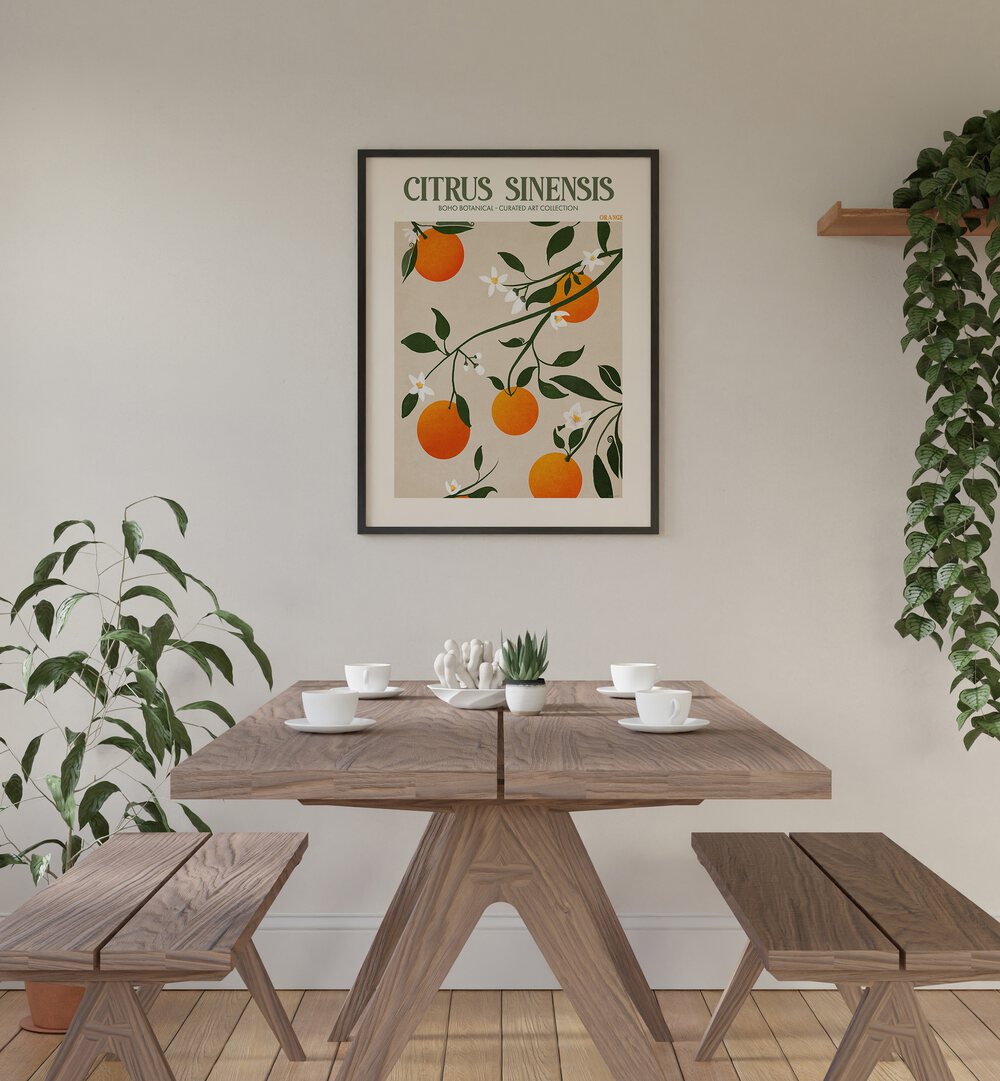 CITRUS SINESIS, FLORAL FLOWER PAINTINGS elegantly complement modern decor, showcasing vibrant oranges and blossoms.