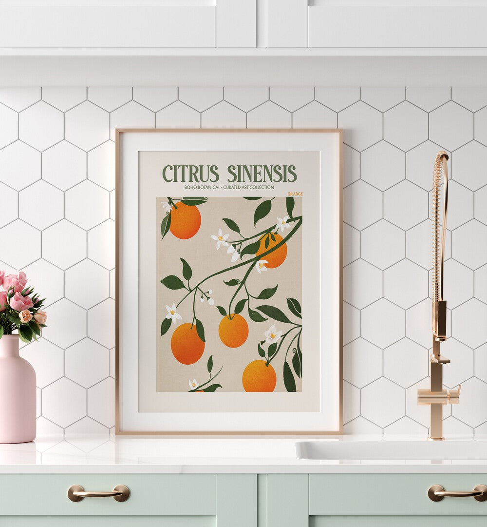CITRUS SINESIS, FLORAL FLOWER PAINTINGS by Emel Tunaboylu enhances your space with vibrant orange blossoms and elegance.
