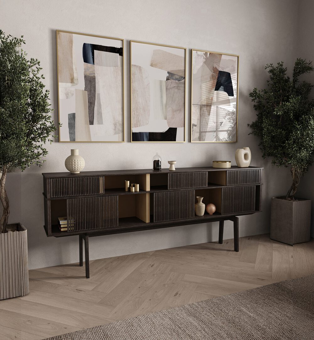 Elegant CLAY CAVES SET, SET OF 3 PAINTINGS enhances modern home decor with intricate artistry and natural themes.