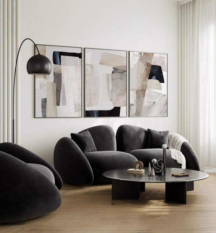 Stylish living room featuring the CLAY CAVES SET, SET OF 3 PAINTINGS, enhancing modern home decor beautifully.