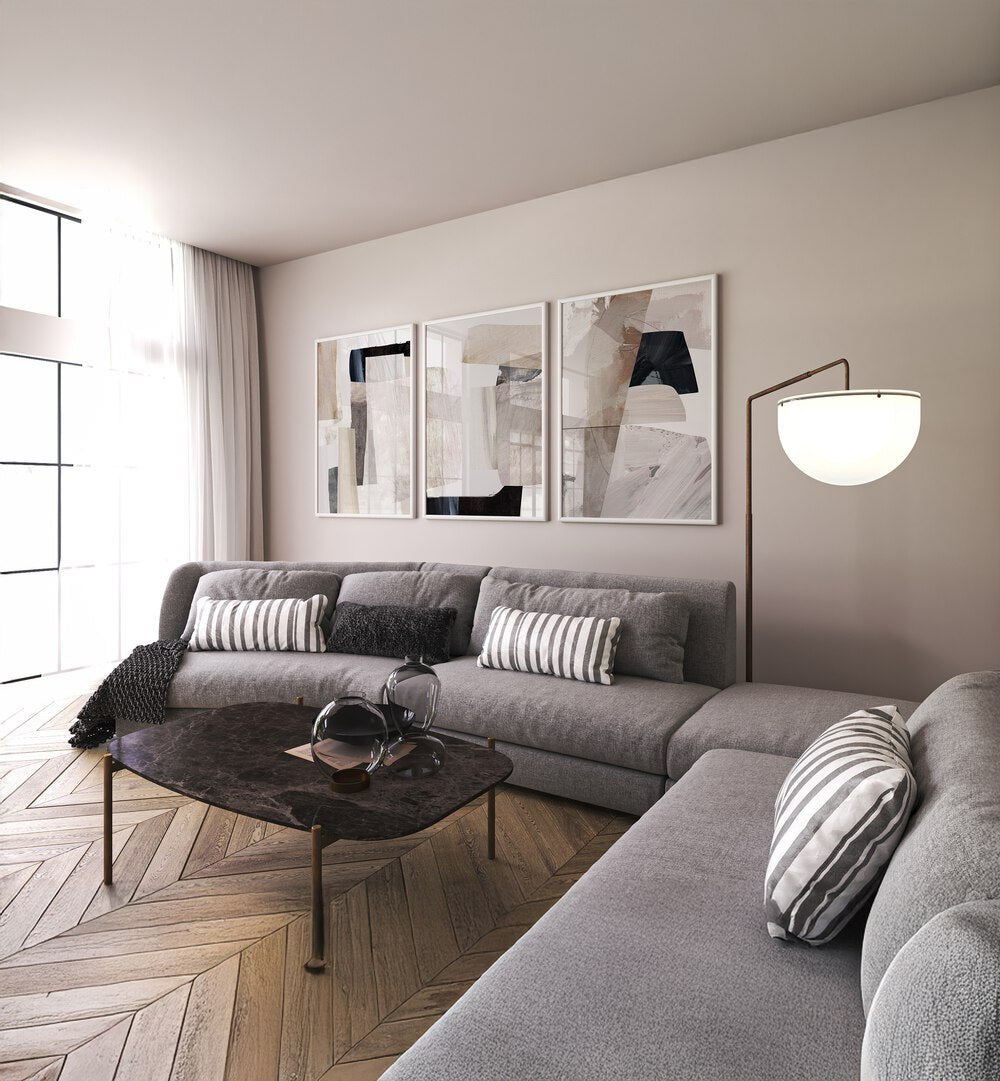 Stylish living room featuring the CLAY CAVES SET, SET OF 3 PAINTINGS, enhancing modern home decor beautifully.