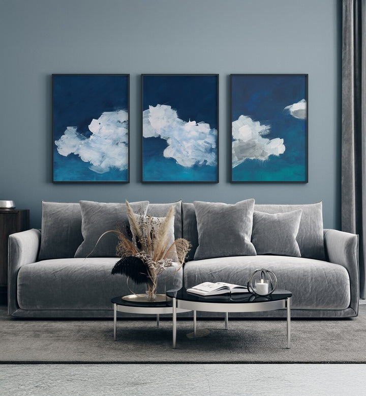 CLOUDS ABSTRACT SET, SET OF 3 PAINTINGS featuring serene blue and white cloud art for a tranquil living space.