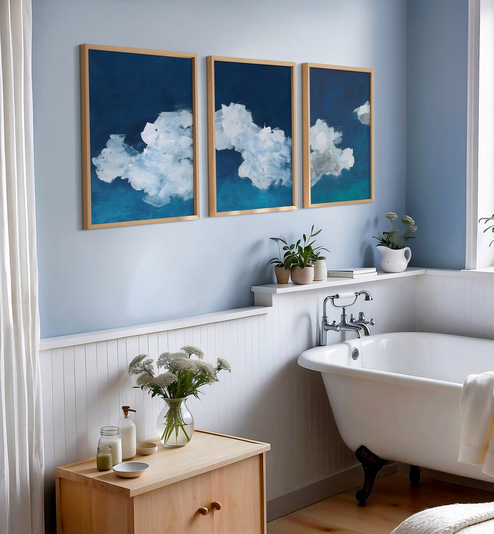 CLOUDS ABSTRACT SET, SET OF 3 PAINTINGS showcasing serene blue and white cloud art, perfect for any serene space.
