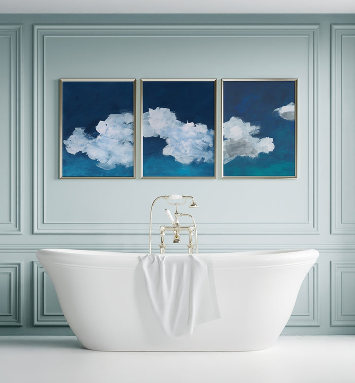 CLOUDS ABSTRACT SET, SET OF 3 PAINTINGS featuring serene blue and white cloud art, perfect for a tranquil living space.