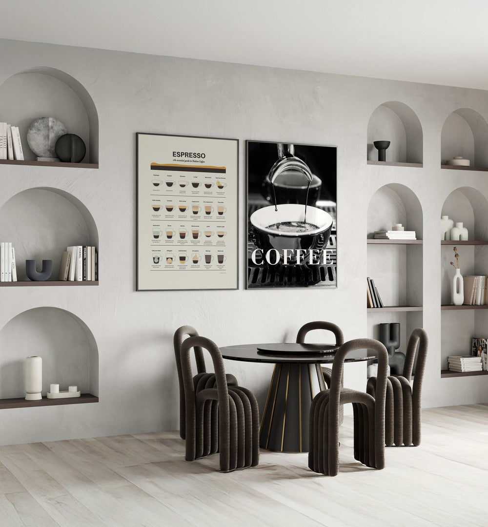 Stylish COFFEE SET II, SET OF 2 PAINTINGS enhancing a modern kitchen with coffee-themed wall art. Perfect for coffee lovers.