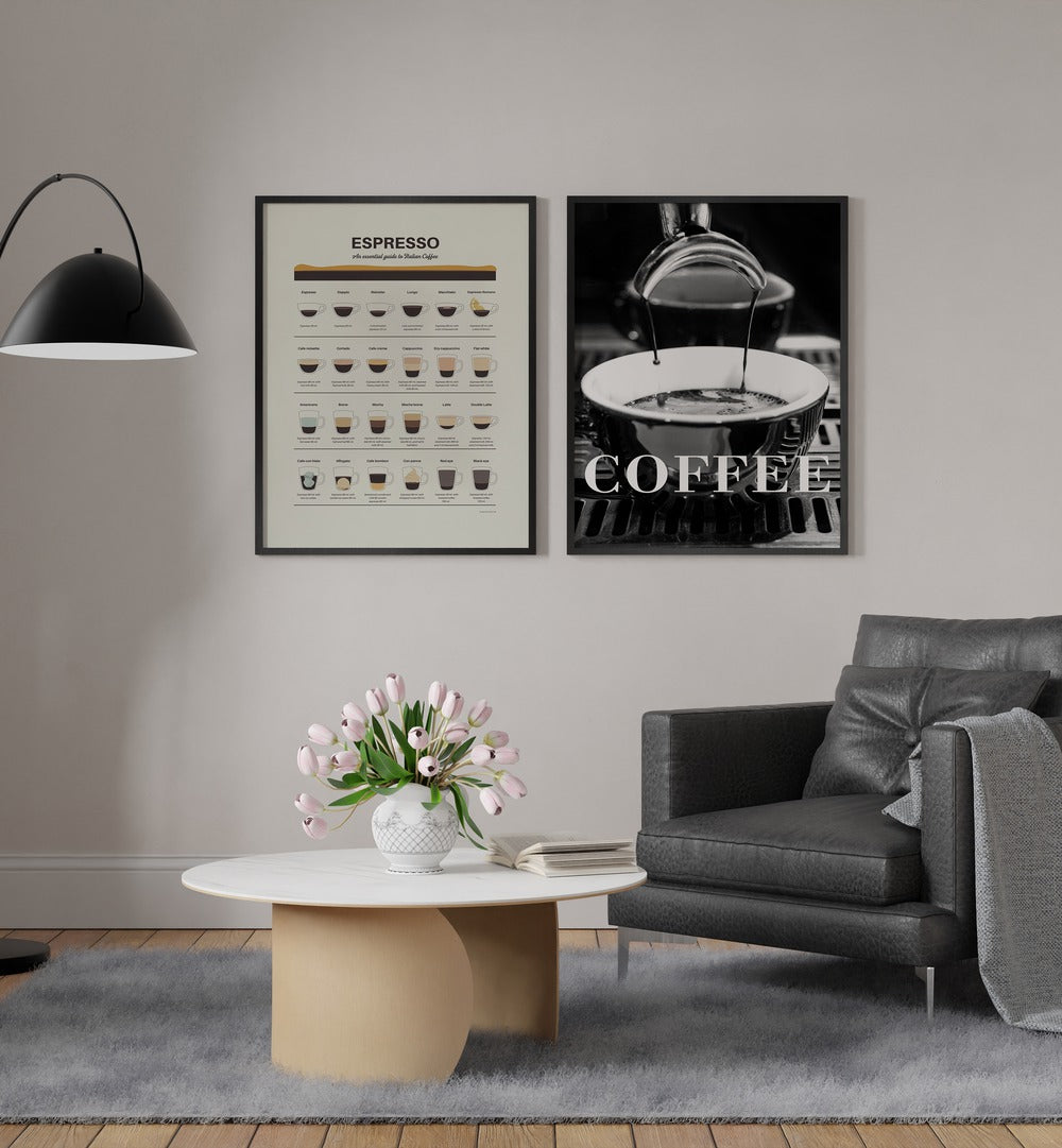 Stylish COFFEE SET II, SET OF 2 PAINTINGS, perfect for any coffee lover's kitchen or coffee nook decor.