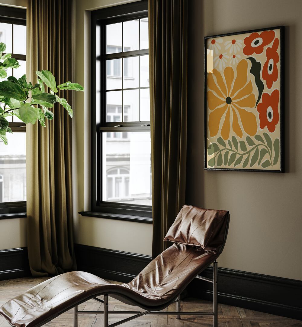 Colorful Mid-Century, Botanical Art Paintings Artwork in Black Plain Frame
placed on a Beige Colored Wall
in the Drawing Room