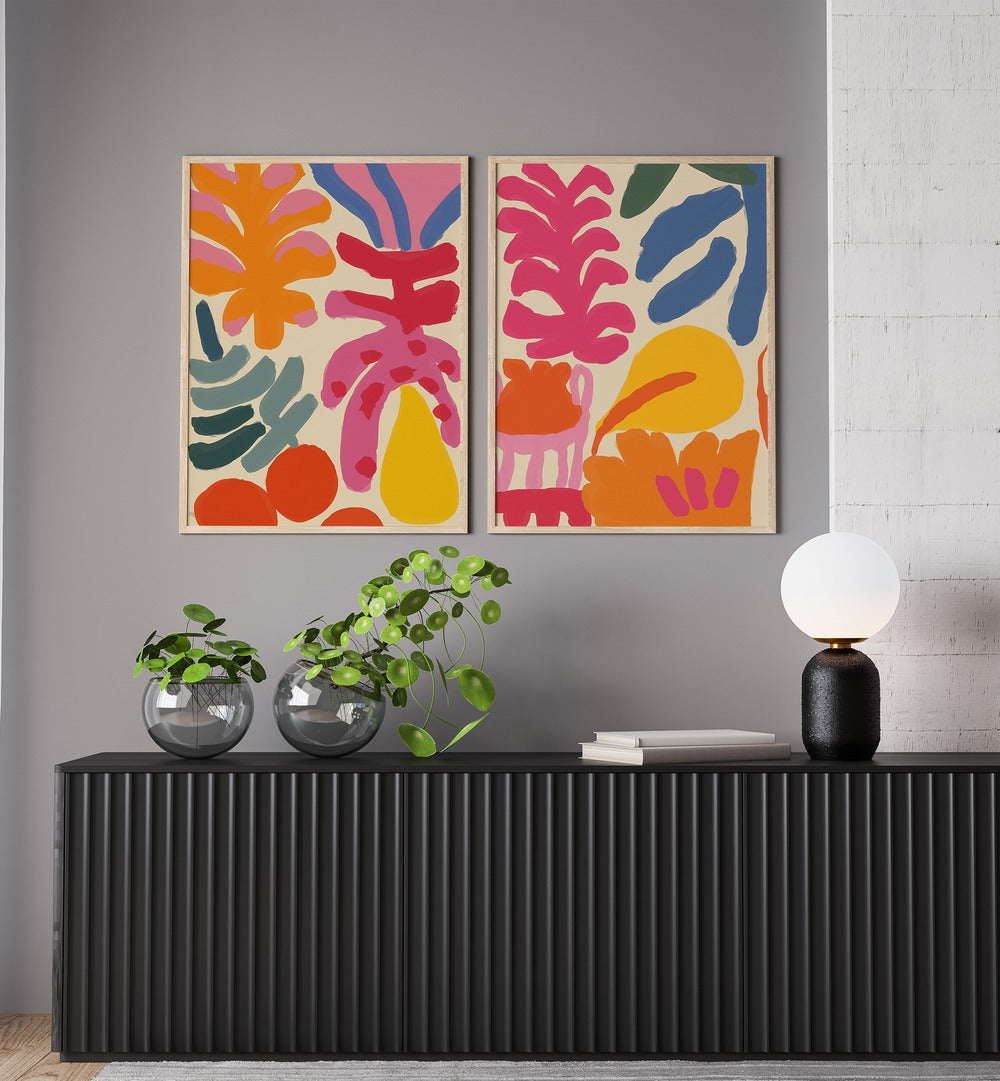 Vibrant COLORFUL FLORA FUSION SET, SET OF 2 PAINTINGS, perfect for transforming your living space into an oasis.