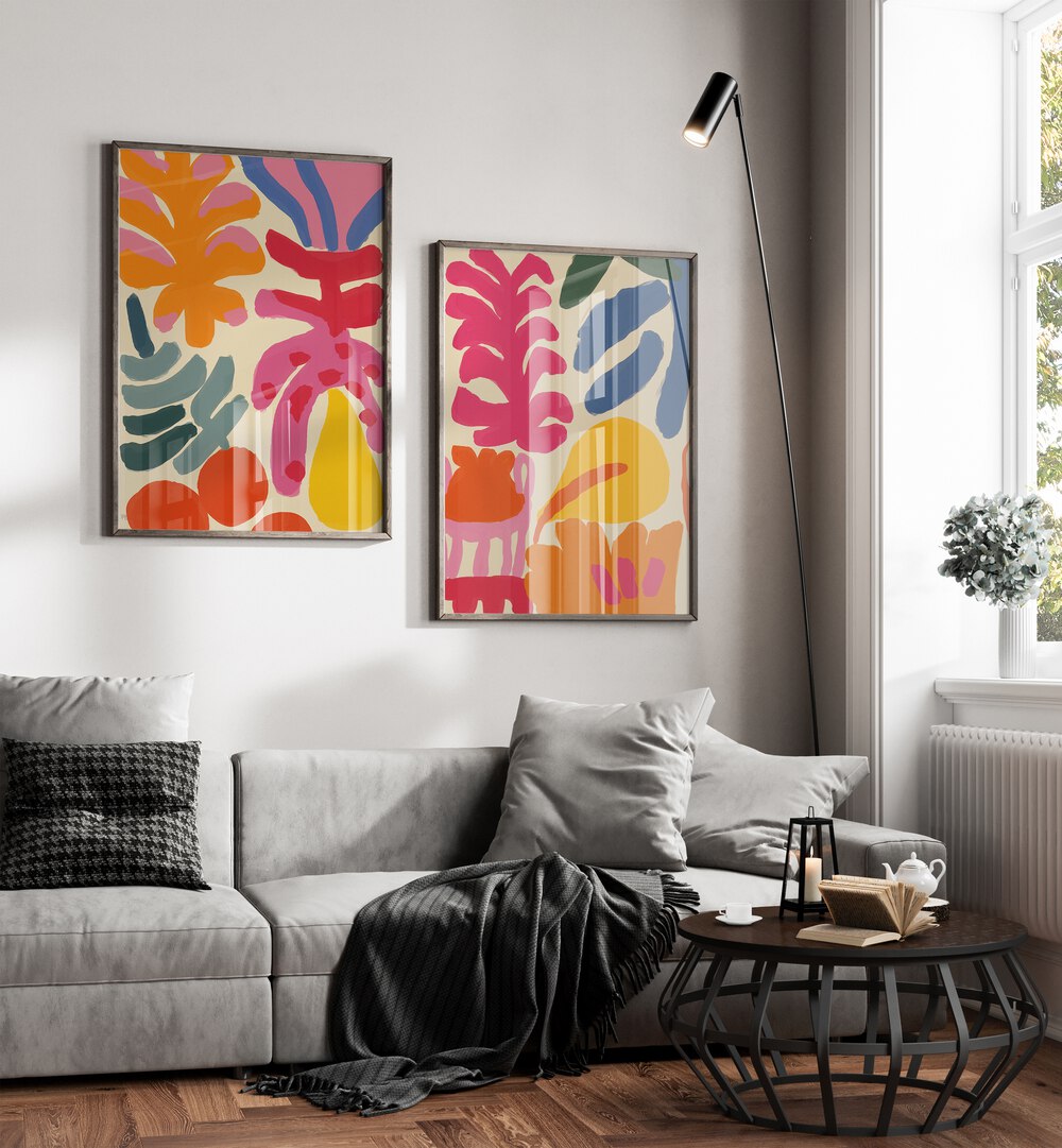 Transform your space with the COLORFUL FLORA FUSION SET, SET OF 2 PAINTINGS, showcasing vibrant floral designs.