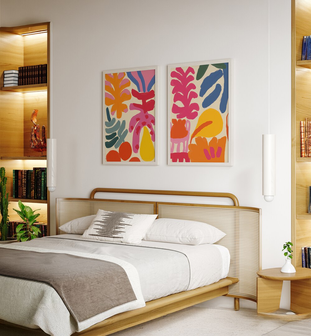 Enhance your decor with the COLORFUL FLORA FUSION SET, SET OF 2 PAINTINGS, showcasing vibrant floral designs.