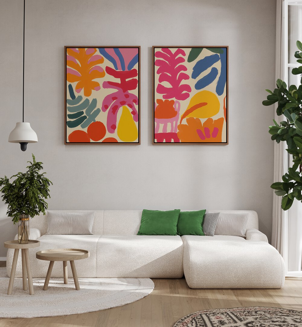 Brighten your space with the COLORFUL FLORA FUSION SET, SET OF 2 PAINTINGS featuring vibrant floral designs.