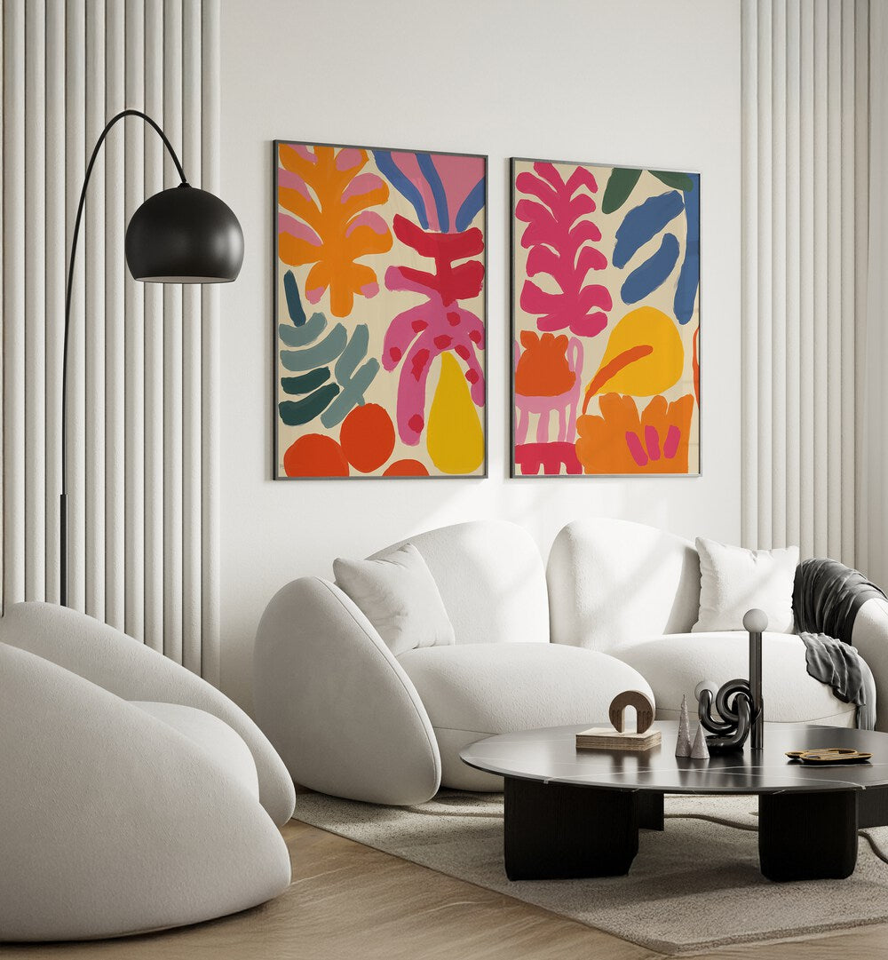 Vibrant COLORFUL FLORA FUSION SET, SET OF 2 PAINTINGS brightens any space with stunning floral designs.