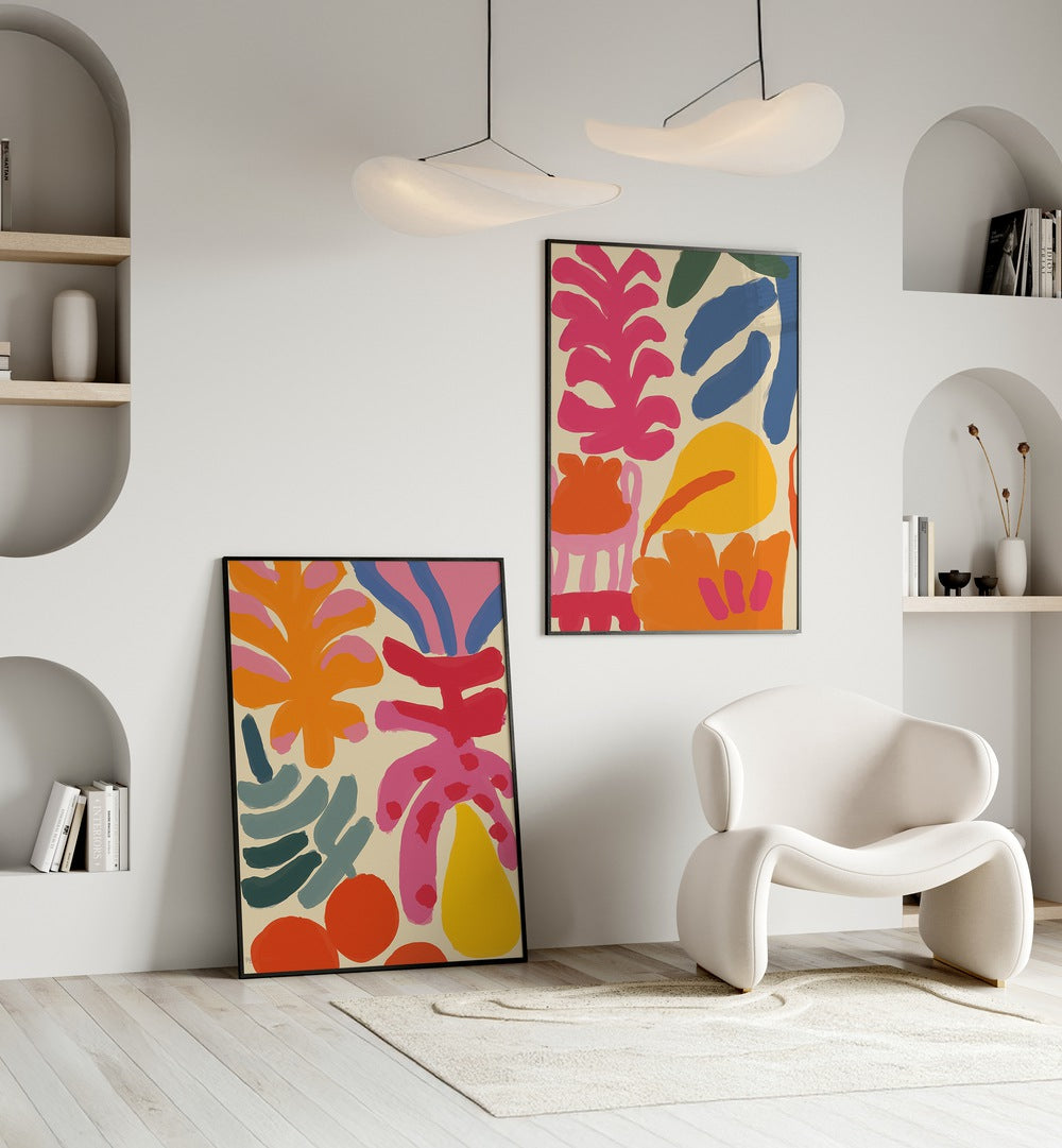 Bright and lively, the COLORFUL FLORA FUSION SET, SET OF 2 PAINTINGS enhances any living space beautifully.
