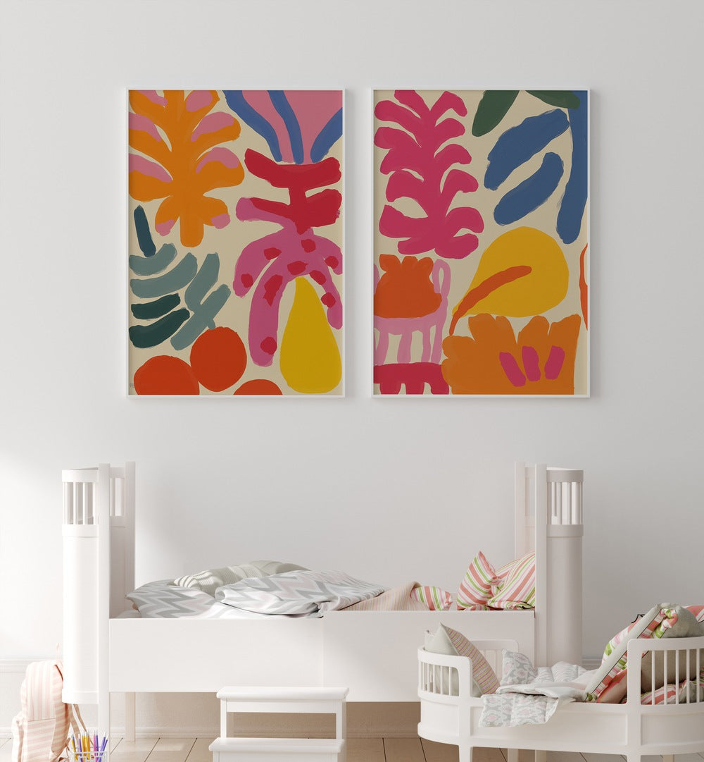 Brighten your space with the COLORFUL FLORA FUSION SET, SET OF 2 PAINTINGS featuring vibrant floral designs.