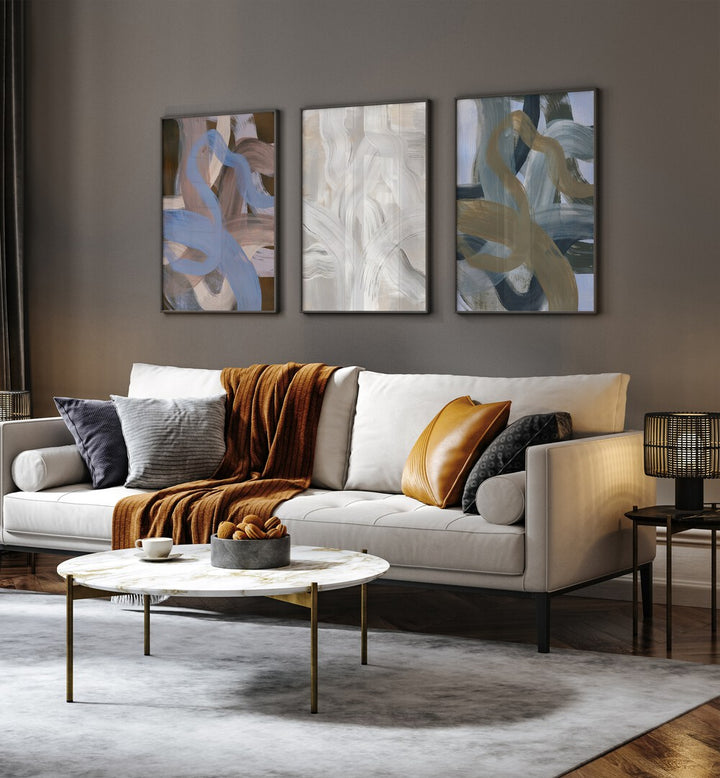 Transform your space with the COLORWAVE BRUSH STROKES SET, SET OF 3 PAINTINGS, showcasing vibrant abstract art.