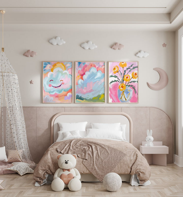 Brighten your home with the COLOURFUL CLOUDS SET , SET OF 3 PAINTINGS, featuring whimsical cloud designs.