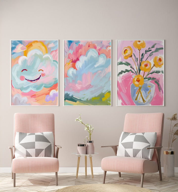 Brighten your home with the COLOURFUL CLOUDS SET, SET OF 3 PAINTINGS featuring whimsical cloud designs.