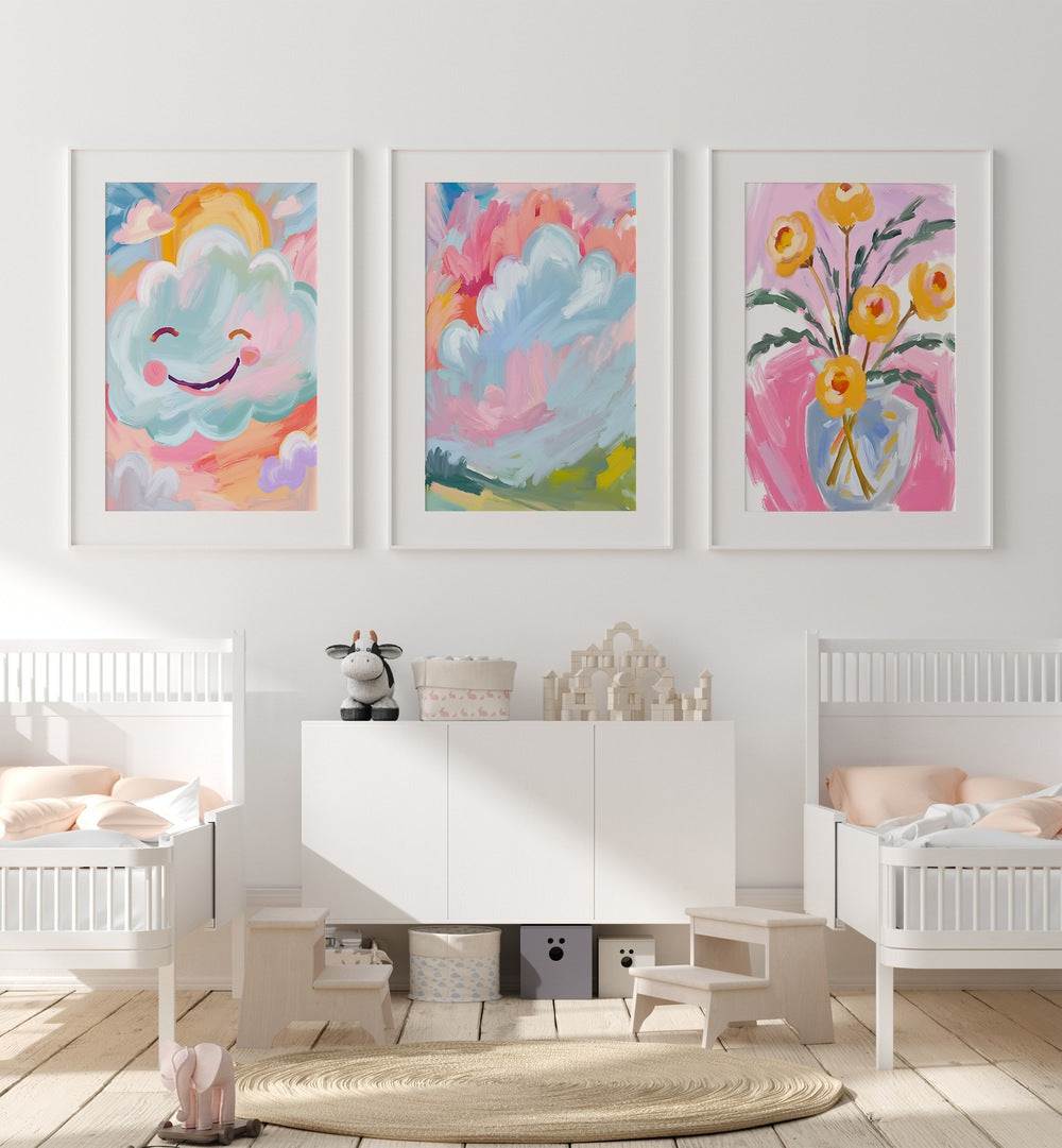 Brighten your home with the COLOURFUL CLOUDS SET, SET OF 3 PAINTINGS featuring whimsical cloud designs.