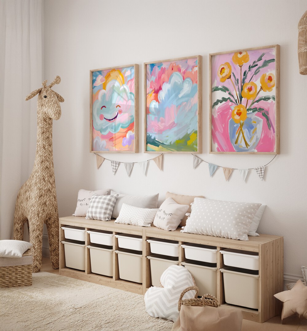 Brighten your space with the COLOURFUL CLOUDS SET, SET OF 3 PAINTINGS, featuring whimsical cloud designs and vibrant colors.