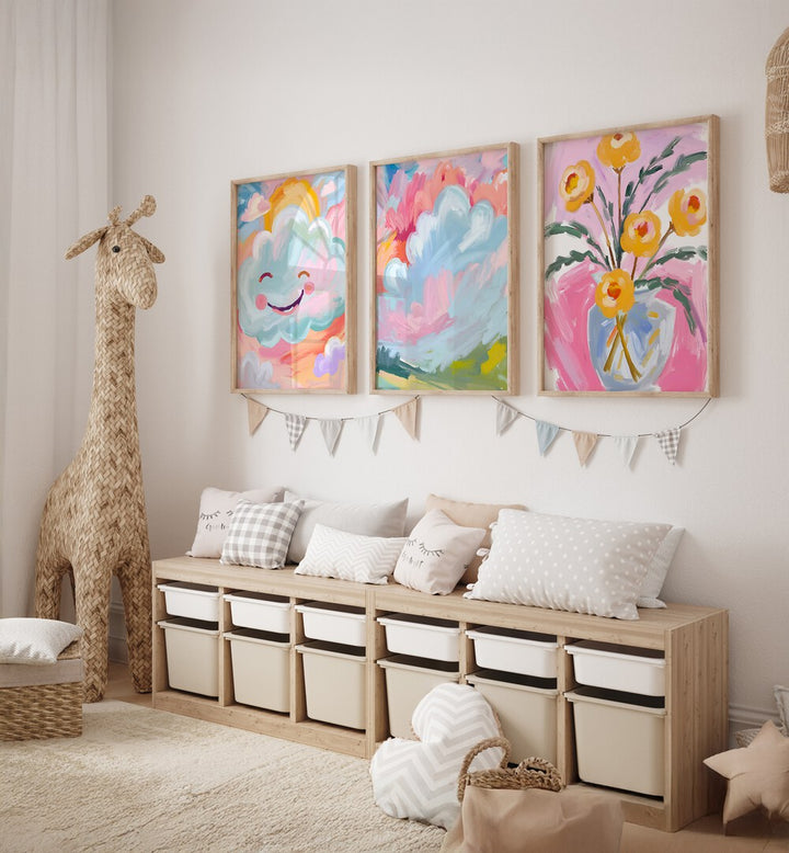 Brighten your space with the COLOURFUL CLOUDS SET, SET OF 3 PAINTINGS, featuring whimsical cloud designs and vibrant colors.