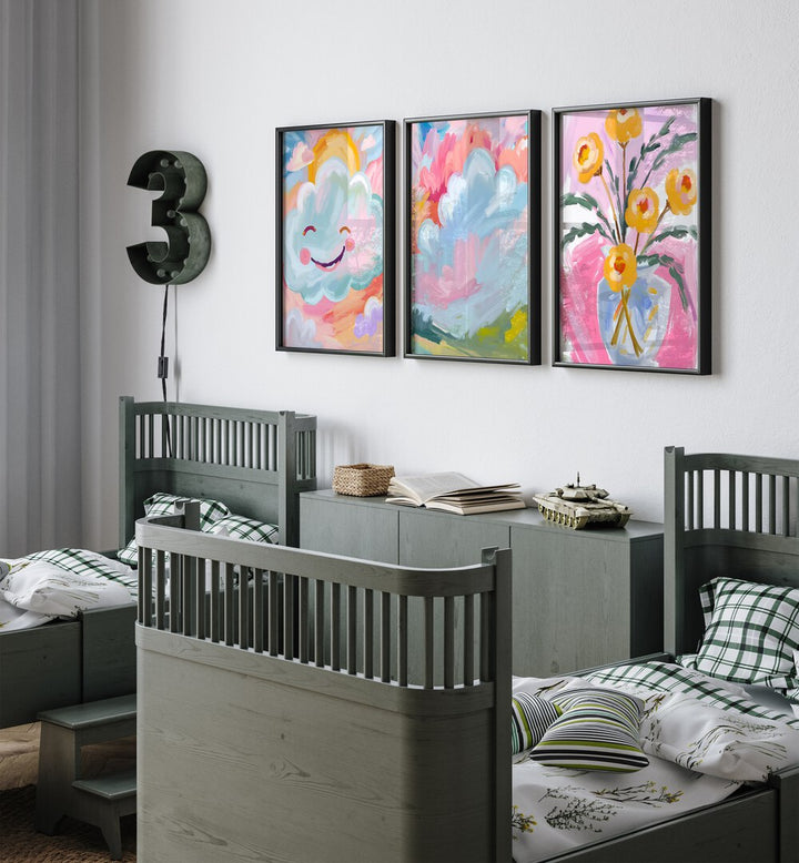 Brighten your space with the COLOURFUL CLOUDS SET , SET OF 3 PAINTINGS, showcasing whimsical cloud designs.