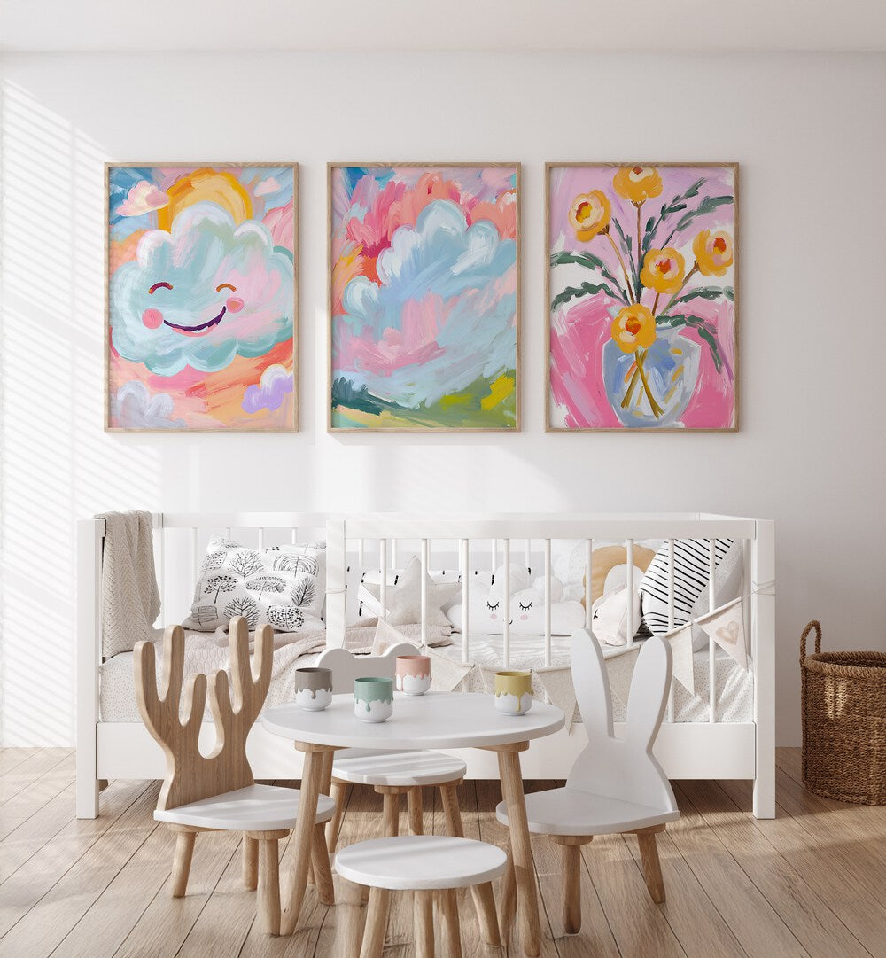 Brighten your space with the COLOURFUL CLOUDS SET, SET OF 3 PAINTINGS featuring whimsical cloud designs.