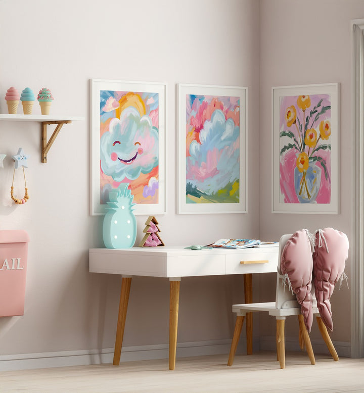 Brighten your home decor with the COLOURFUL CLOUDS SET, SET OF 3 PAINTINGS featuring whimsical cloud designs.