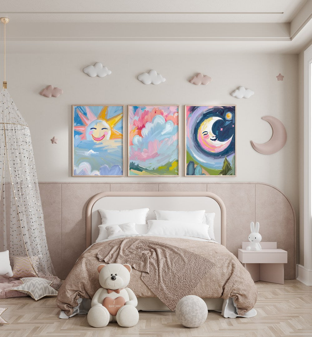 Bright and cheerful, the COLOURFUL SUN AND MOON SET, SET OF 3 PAINTINGS adds whimsy to any child's room decor.