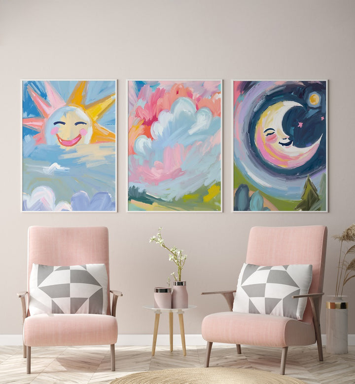Brighten your child's space with the COLOURFUL SUN AND MOON SET, SET OF 3 PAINTINGS featuring whimsical art.